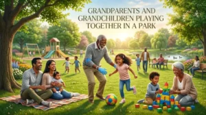 grandparents and grandchildrens playing together in a park