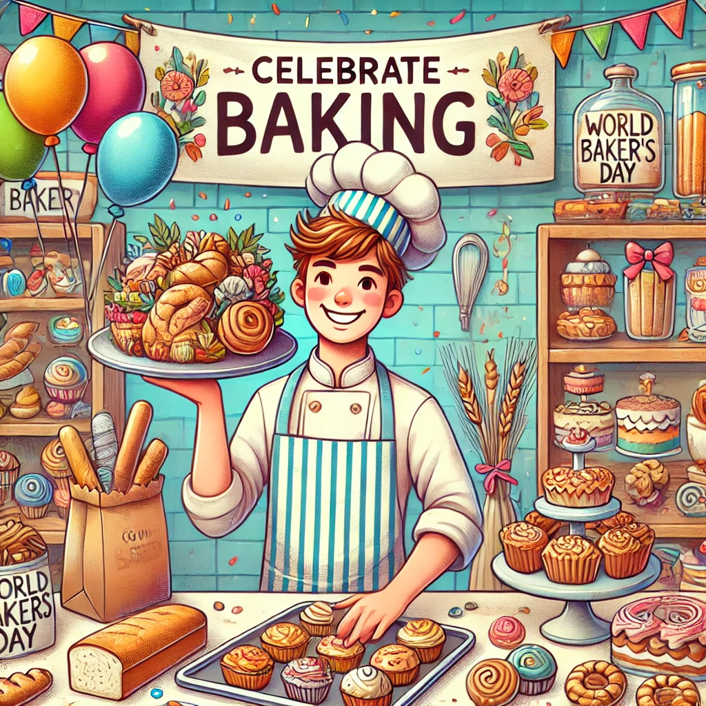 DALL·E 2024 12 31 11.01.37 A vibrant illustration celebrating the importance of World Bakers Day. The image showcases a cheerful baker holding a tray of freshly baked bread and