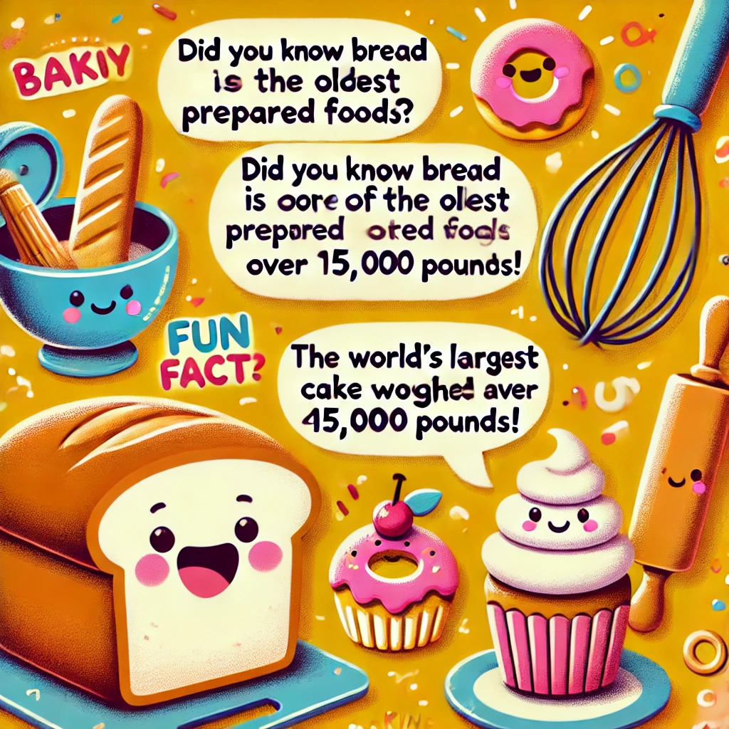 DALL·E 2024 12 31 11.03.06 A playful and engaging illustration highlighting fun facts about baking. The image features animated elements like a happy loaf of bread a whisk a r