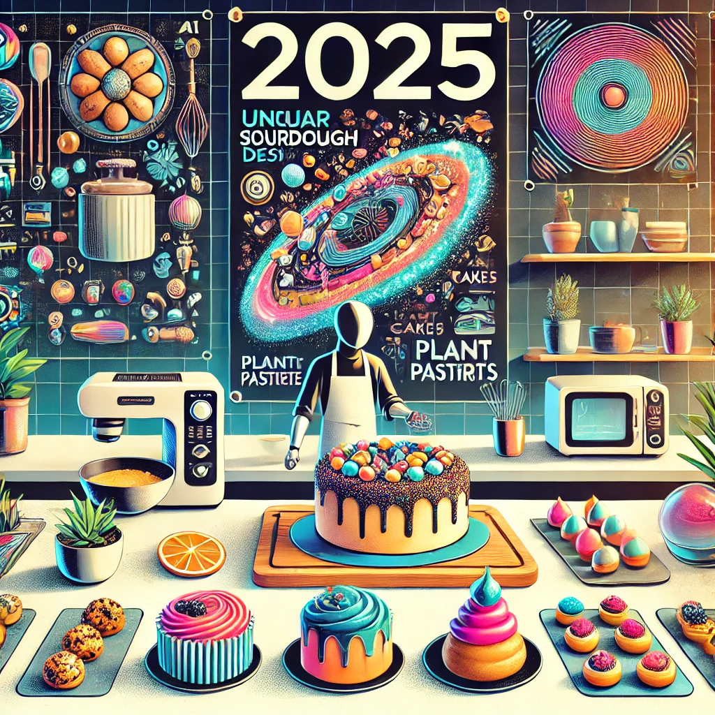 DALL·E 2024 12 31 11.03.46 A modern and stylish illustration showcasing popular baking trends in 2025. The image features visually appealing elements like unique sourdough desig