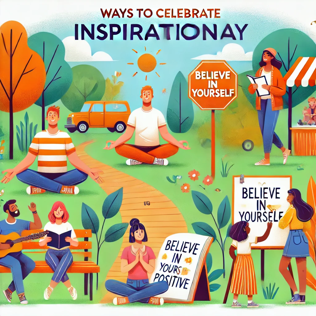 DALL·E 2025 01 02 22.56.00 A cheerful and motivational illustration for Ways to Celebrate Inspirational Day. The image features diverse people engaging in uplifting activities