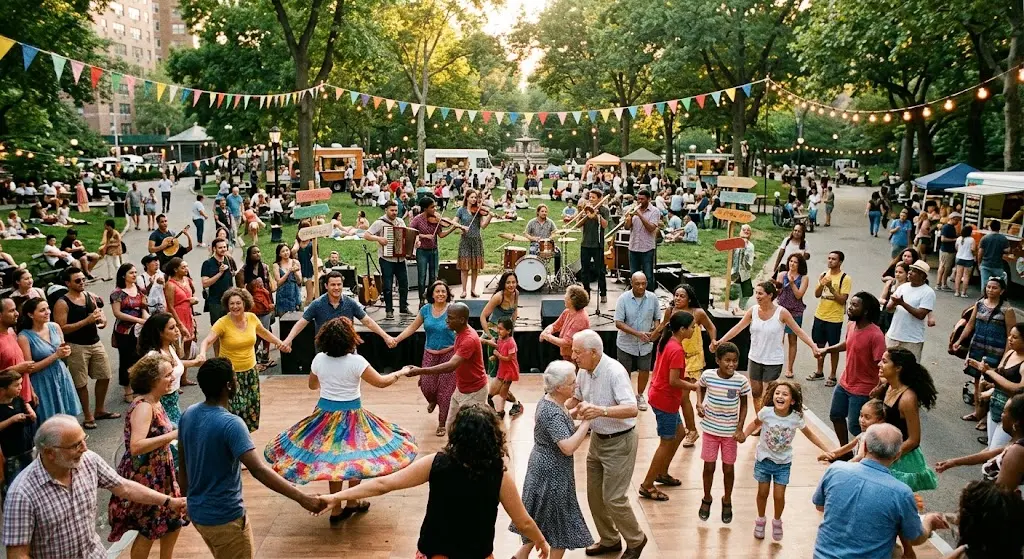 A joyful community festival with dancing and music in a city park.